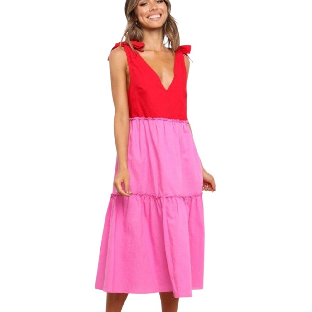 NWT Petal & Pup Erenda Pink & Red Bow Tie Shoulder Tiered Midi Slip Dress - 10